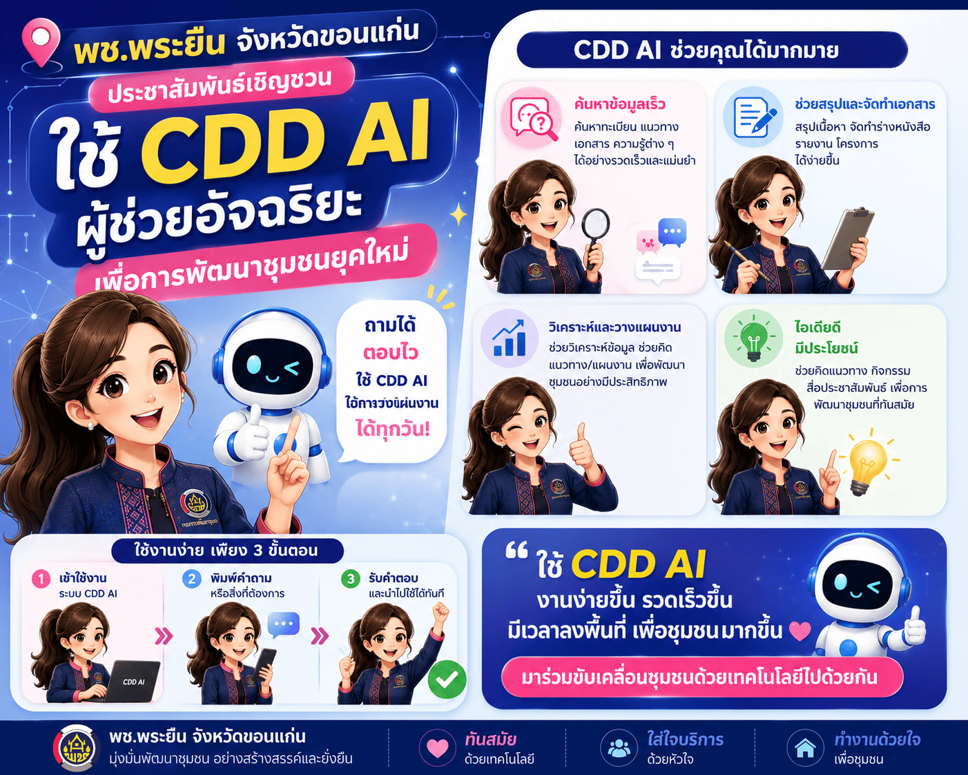 วิดิทัศน์ ประชาสัมพันธ์และเชิญชวนใช้งาน CDD AI ผู้ช่วยพัฒนากรอัจฉริยะ ผู้ช่วยพัฒนากรอัจฉริยะแพลตฟอร์ม AI และข้อมูลเชิงลึก