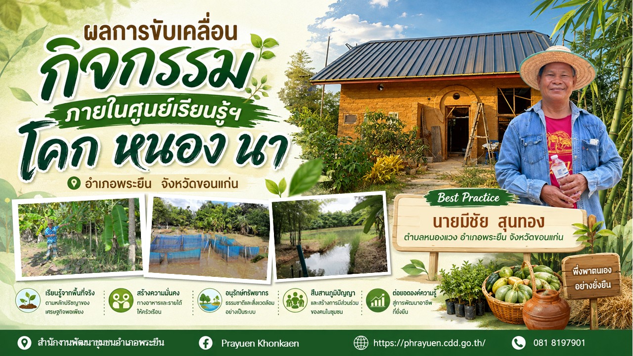 พช.พระยืน ผลการขับเคลื่อนกิจกรรมภายในศูนย์เรียนรู้ฯ โคก หนอง นา อำเภอพระยืน  จังหวัดขอนแก่น